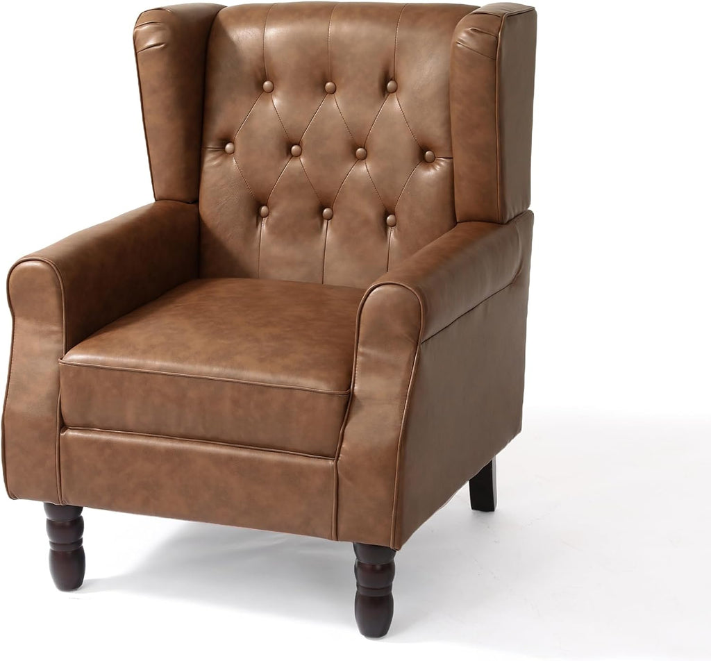 UIXE Faux Leather Accent Chairs Set of 2, High Back Upholstered Armchair for Living Room, Wingback Tufted Arm Chair Comfy Single Sofa Bedroom Reading Seat with Solid Wood Legs - Brown