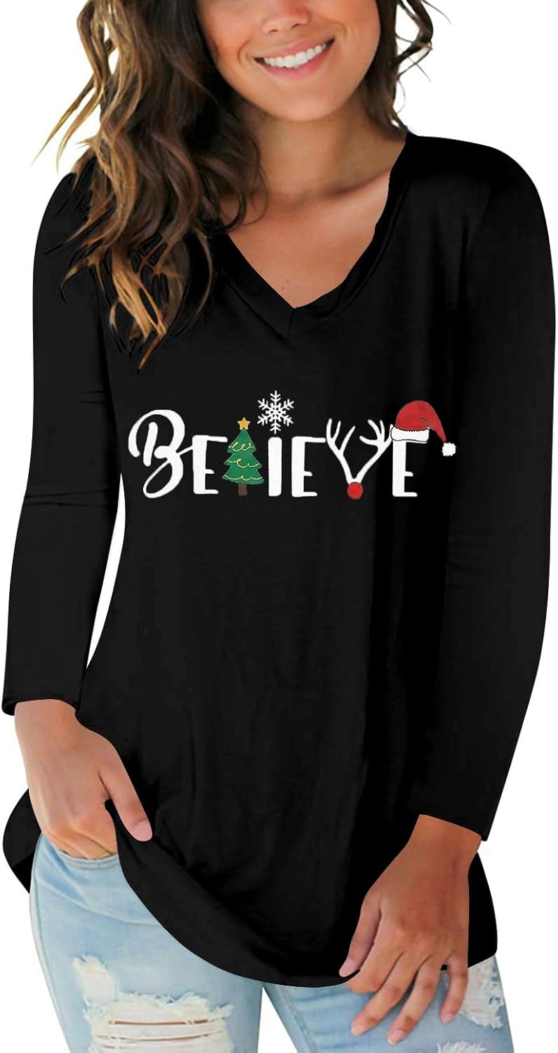 Tobrief Women's Long Sleeve V-Neck Shirts Fall Graphic Tees Loose Casual T-Shirt