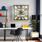 The Gears Clock 24'' Inch Square Real Moving Gear Wall Clock Vintage Industrial Oversized Rustic Farmhouse (Desert Beige)