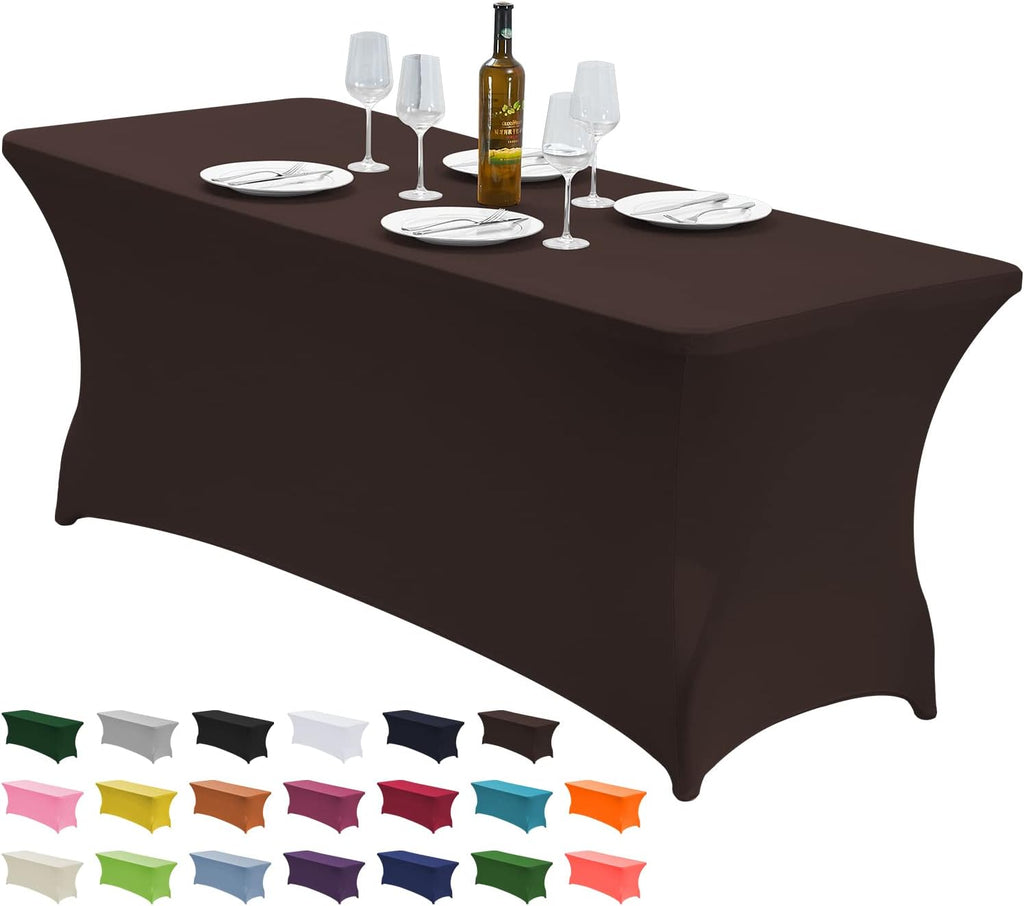CWK 6FT Waterproof Stretch Spandex Table Cover for Rectangular Tables - Elastic Fitted Tablecloth for Folding Tables,Wrinkle Resistant Table Cloth for Parties, Weddings, Banquets & Events (Coffee)