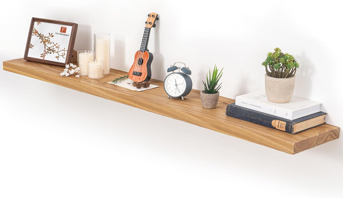 Fun Memories Floating Shelves for Wall, 55"x9.3" Rustic Solid Elm Wood Shelves, Heavy-Duty Wall Mounted Shelves with Invisible Brackets for Living Room, Bedroom, Kitchen, Natural Finish