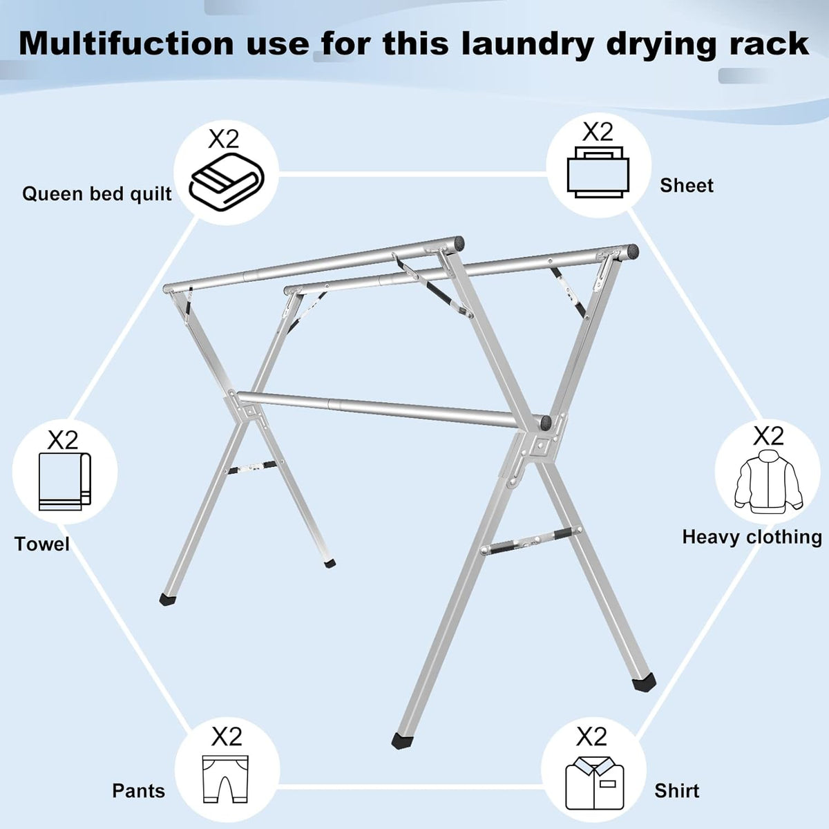 Sarahipe Sillars Clothes Drying Rack, 94.5 inches Laundry Drying Rack Clothing Foldable & Collapsible Stainless Steel Heavy Duty Clothing Drying Rack with Windproof Hooks for Indoor Outdoor