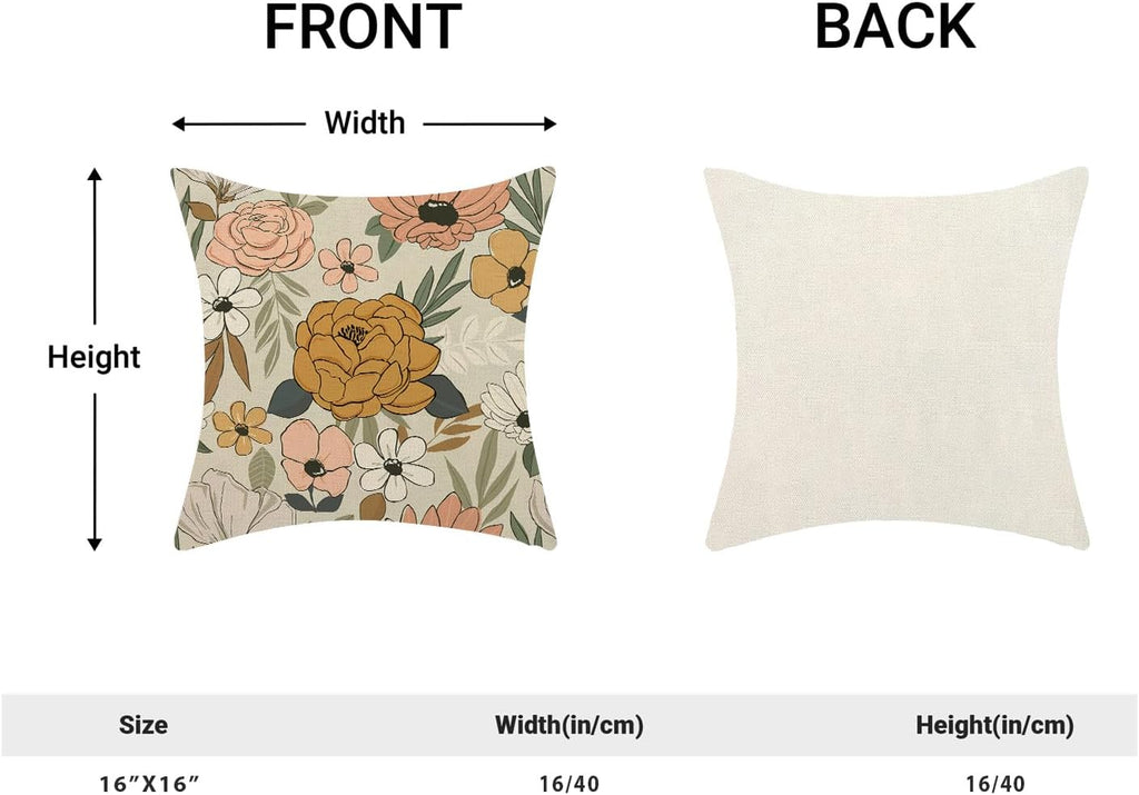 CXMEIFLY Spring Floral Pillow Covers 16 x 16 Inch Set of 2 for Vintage Mustard Yellow Pink Flowers Decor Throw Pillows Plant Cream Outdoor Decorative Cushion Cases for Couch Bed Decorations