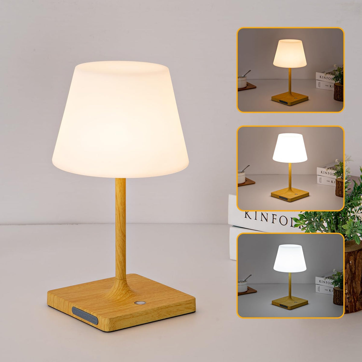 Cordless Table lamp, Outdoor Battery Operated Rechargeable Desk lamp,Waterproof Shower Lamp,4000mAh LED 3 Colors Dimmable Touch Lamps for Camping Patio Courtyard Bedroom-Wood