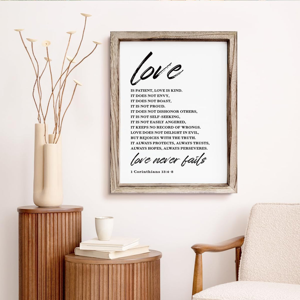 Love Wood Signs, Christian Wooden Wall Sign, Master Bedroom Signs, Inspirational Christian Gift, Home Decor, Framed Wall Plaque Sign 15 * 11.5 inches, Love is the Patient