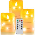 Flameless battery Operated LED candles with 11 Key remote control 24-hour timer Set of 3， With embedded string lights electric flickering pillar Real Wax ，Party, Wedding, Home Decoration(lvory)