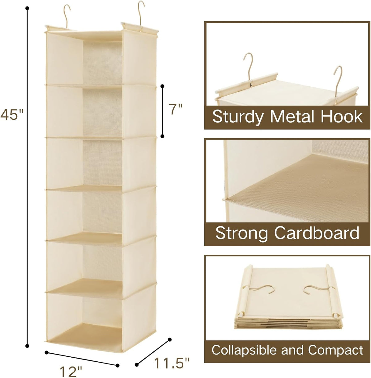MAX Houser 6 Tier Shelf Hanging Closet Organizer, Cloth Hanging Shelf with 2 Sturdy Hooks for Storage, Foldable (Beige)
