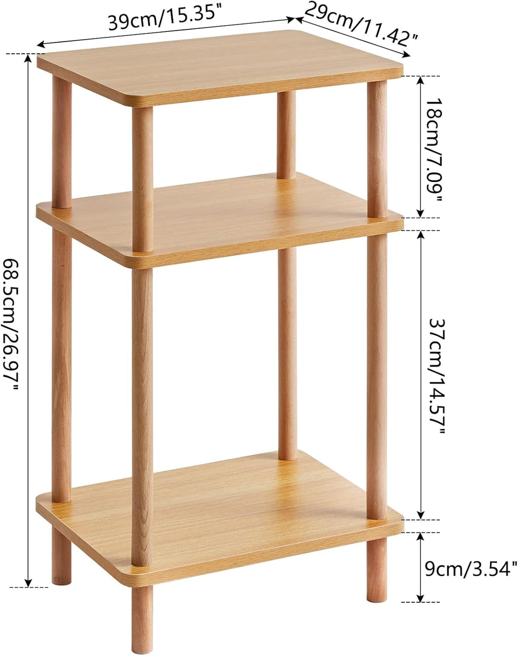 IBUYKE 3-Tier Side Table, Solid Wood Tall End Table with Storage Shelves, Nightstand Bedside Table for Living Room Bedroom Office, No-Tool Assembly, Natural UWST003N