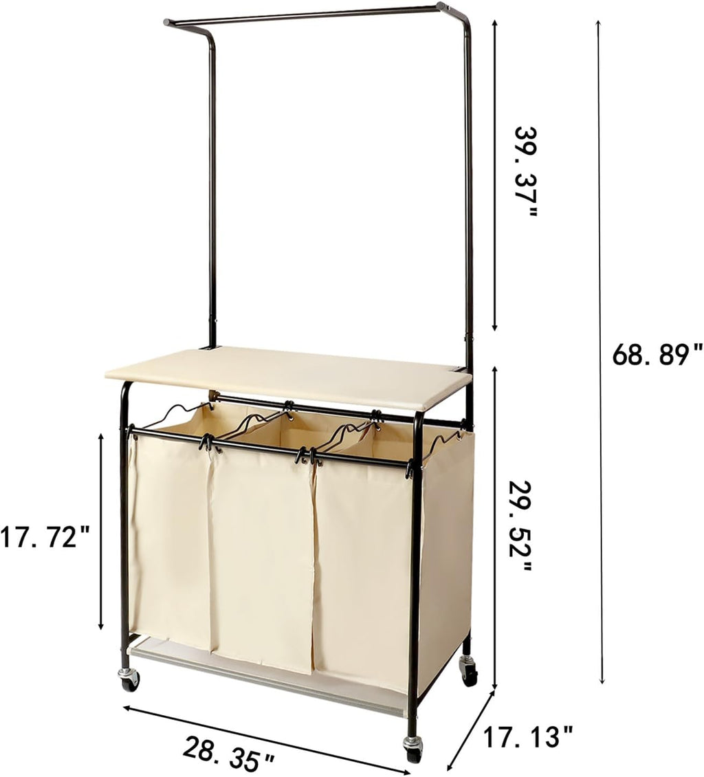 MYOYAY 3 Section Laundry Sorter with Garment Hanging Bar Rack Foldable Ironing Board, Laundry Basket Organizer Heavy Duty Laundry Hamper Rolling Cart with Lockable Wheels and 3 Removable Bags