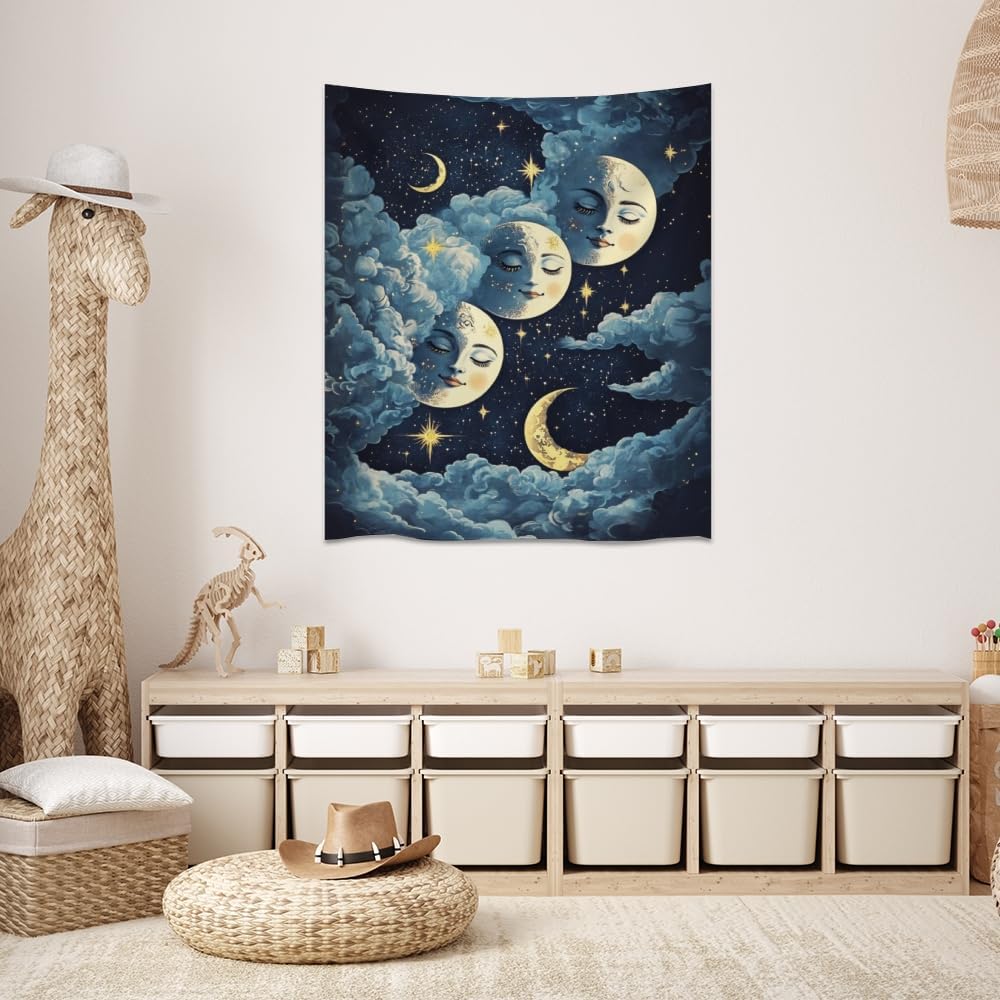 Blue Moon Faces Tapestry Celestial Wall Art Dark Academia Aesthetic Print Stars Clouds Tapestries Wall Hanging whimsical Gothic Home Decor for Bedroom Living Room 40x60inch