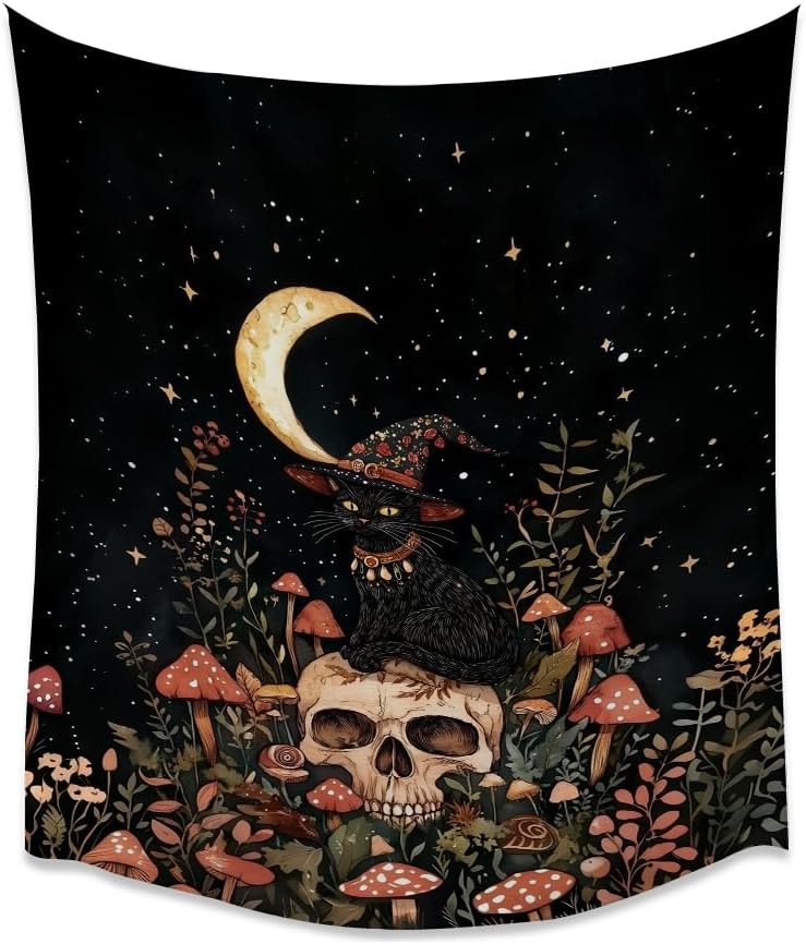 Halloween Witch Cat Tapestry Gothic Skull and Mushroom Artwork Print Spooky Halloween Witchy Wall Hanging Decor Black Cat Crescent Moon art Tapestries for Living Room Bedroom Decoration 70x90inch