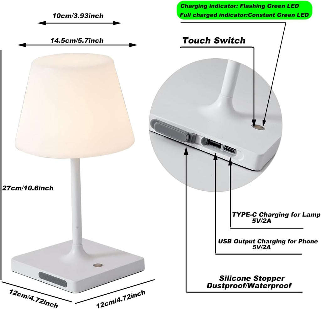 Cordless Table lamp, Outdoor Battery Operated Rechargeable Desk lamp,Waterproof Shower Lamp,4000mAh LED 3 Colors Small Wireless lamp for Kitchen Counter -White