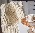 Chunky Knit Blanket Hand Made Merino Wool Throw Boho Bedroom Sofa Home Decor Giant Yarn(Ivory White 60"x80")