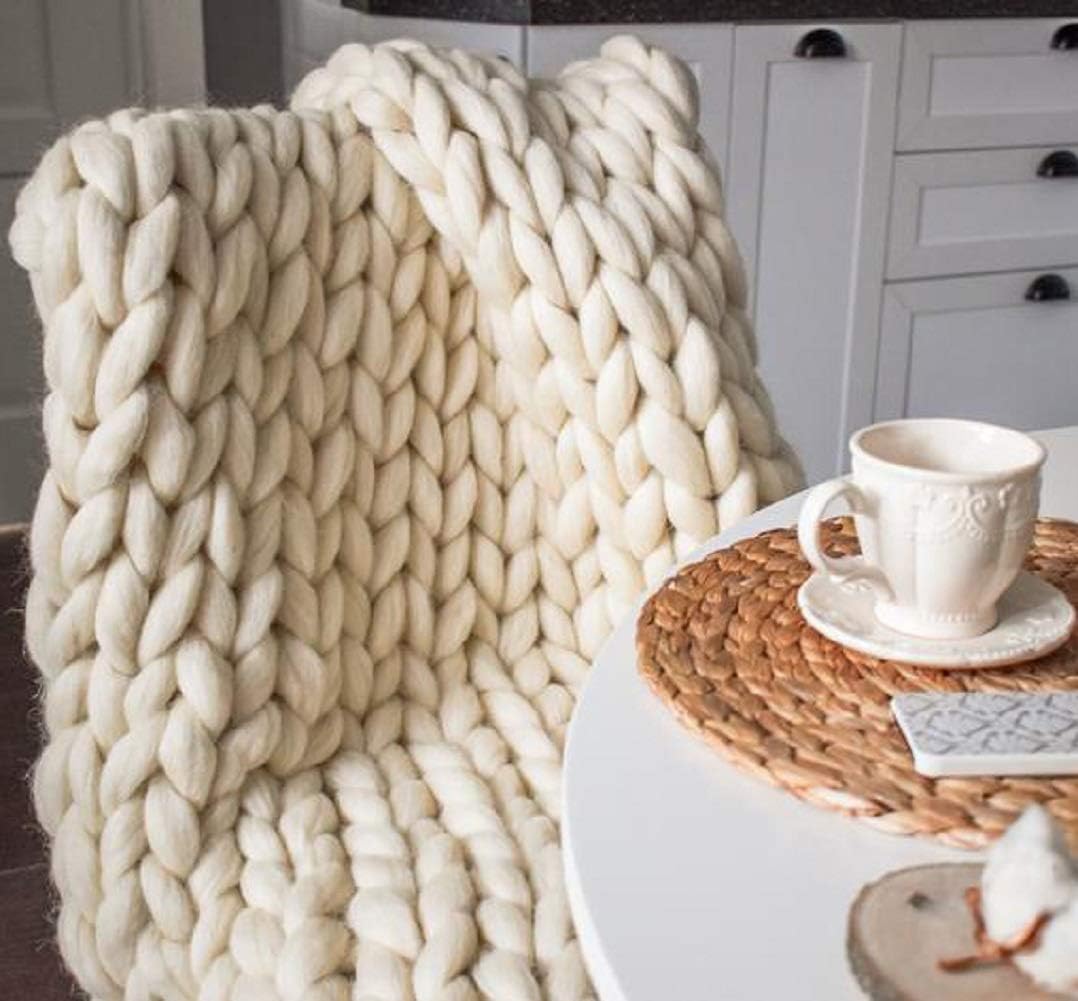 Chunky Knit Blanket Hand Made Merino Wool Throw Boho Bedroom Sofa Home Decor Giant Yarn(Ivory White 60"x80")