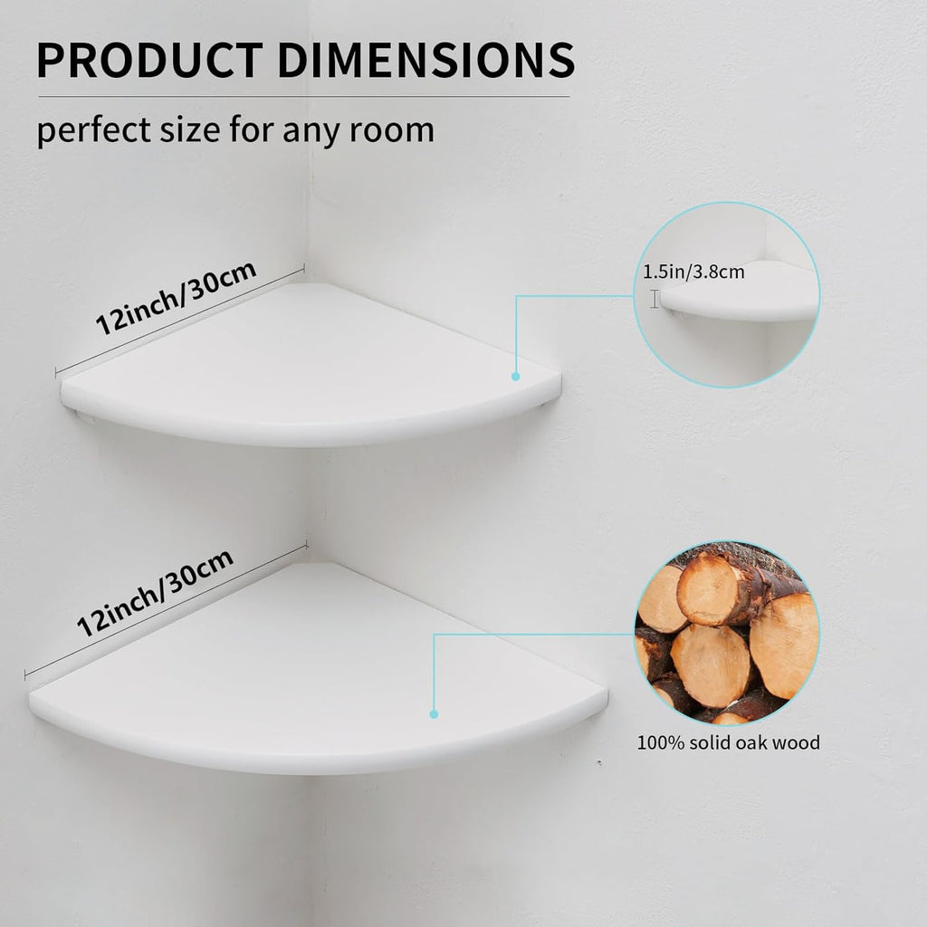 Corner Shelves, White Floating Corner Shelf, Set of 2 12inch Solid Oak Wood Wall Shelves, Round End Wall Mount with Wire Hole for Small Plant for Bedroom Kitchen, Living Room