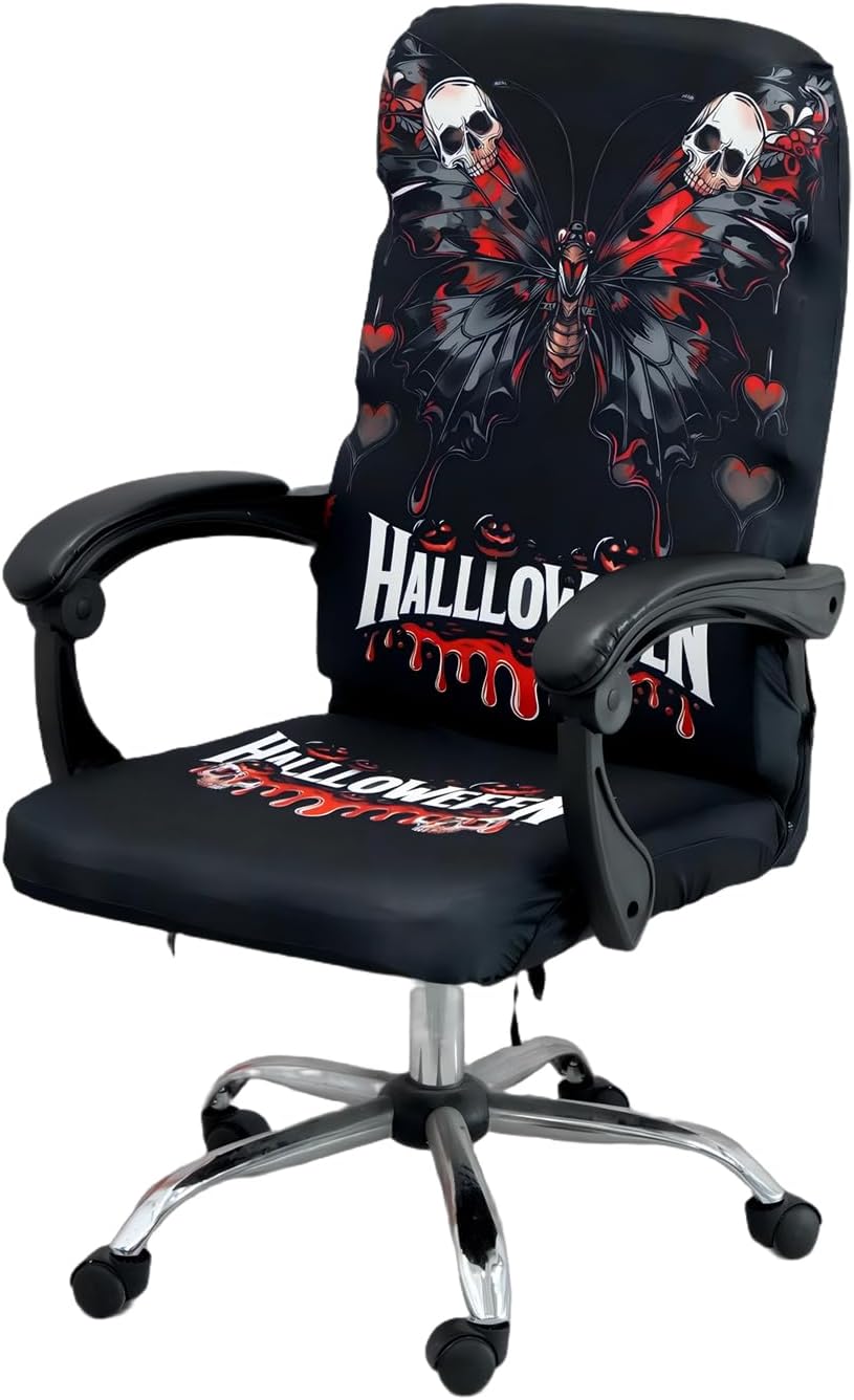 Halloween Office Chair CoversHorror Bloody Handprints Footprints on White Horror Theme Print Stretchable Slipcover for Modern Simplism Style High Back Boss Chair(No Chair) (Halloween08, L)…