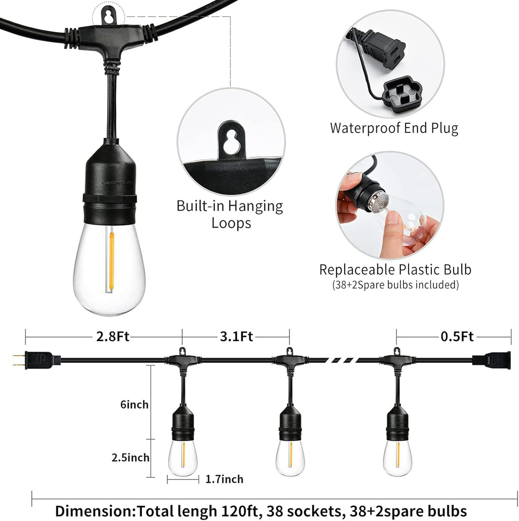 120 FT Outdoor String Lights LED Waterproof with 40 Shatterproof Plastic Warm Edison Bulbs String Bistro Lights for Patio Gazebo Pergola Market