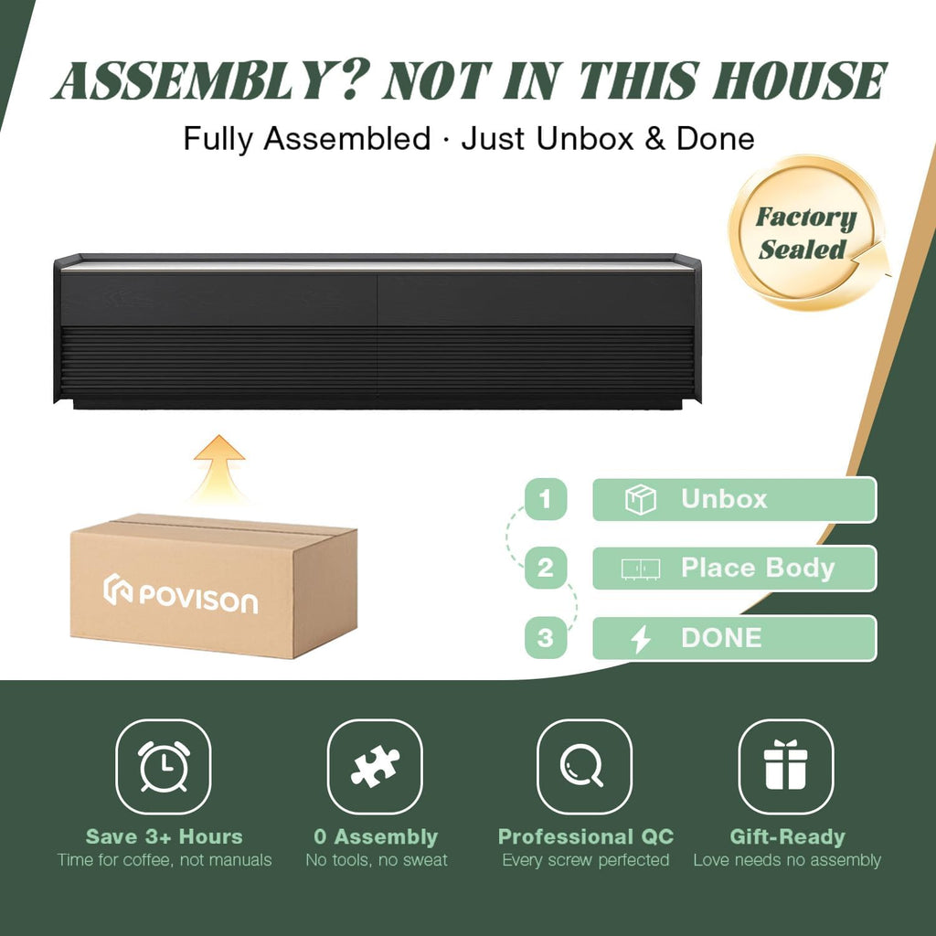 POVISON Fully-Assembled Mid Century Glossy Sintered Stone TV Stand, 78.74" Wood Media Console with Adjustable LED Light, Entertainment Center with Storage for Living Room