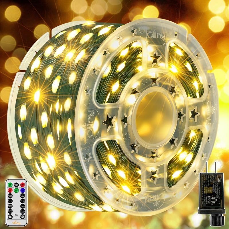 Ollny 198 FT 600 LED Outdoor Waterproof Plug in Christmas Tree Lights with 8 Modes Remote Timer, String Lights for House Yard Outside Indoor Xmas Decorations Warm White