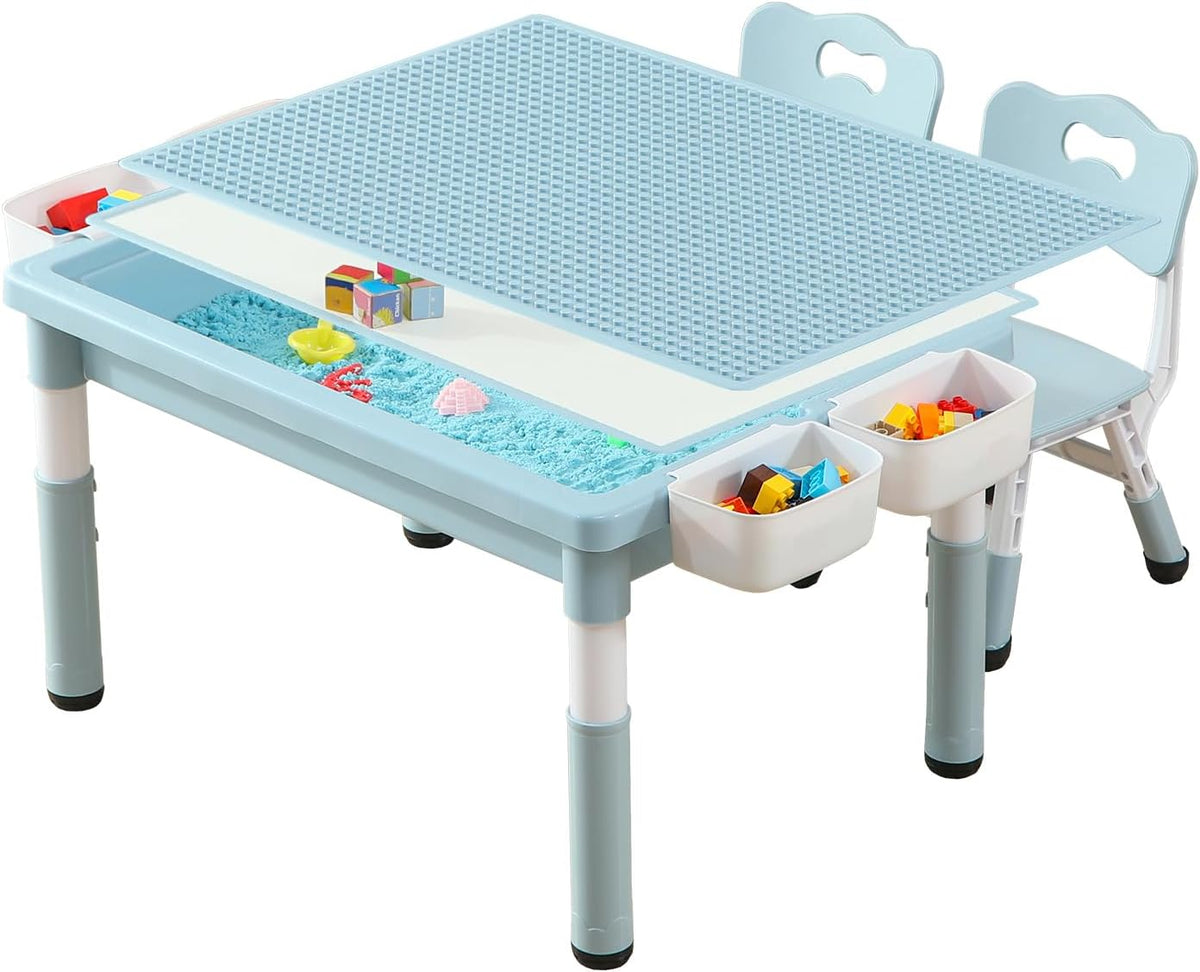 Multi Functional Kids Table and 2 Chairs Set, Graffiti & Building Blocks Double-Sided Tabletop, Toddler Play Table with Drawers, Large Storage Space, Gift for Boys/Girls, Blue
