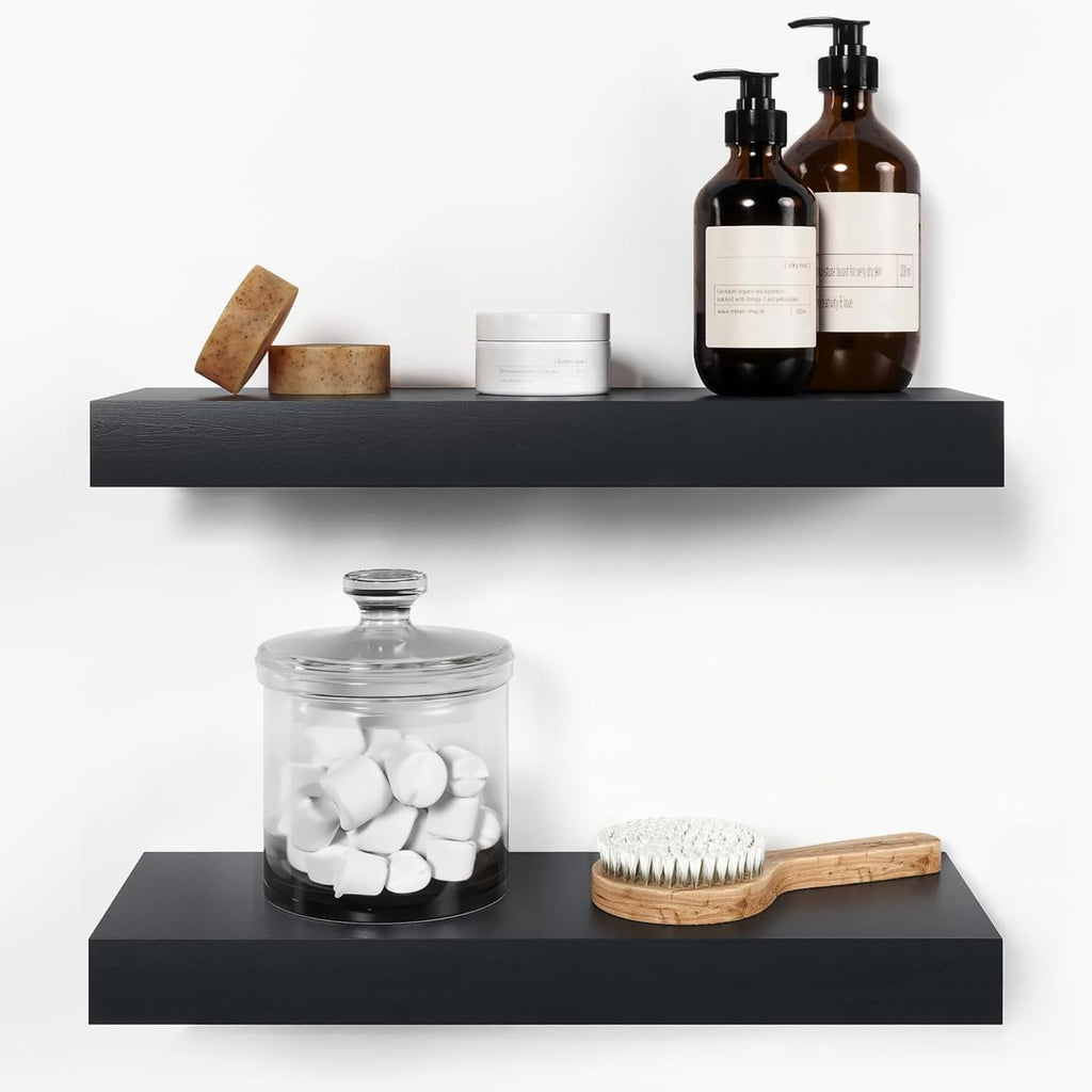 Homeforia Black Floating Shelf 18 inch, High End Solid Real Wood 18inch Bathroom Floating Shelves for Wall Mounted, Black Wooden 18in Floating Shelves, Heavy Duty Bracket, 18 X 6.5 X 1.75 in, Set of 4