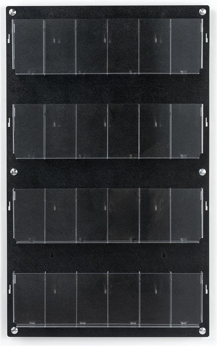 Displays2go Wall Pamphlet Display, Acrylic, 12/24 Adjustable Slots, Aluminum Standoffs - Black (2RP12BLK)