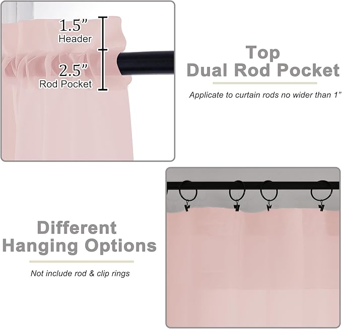 Sheer Blush Curtains for Bedroom Living Room 54 Inch Length 2 Panels Set - Image 4