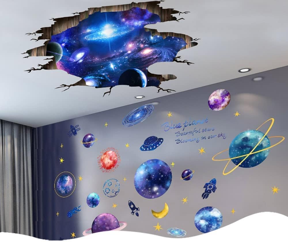 Quanhaigou Blue Purple Galaxy Wall Decals, Removable Sticker,The Art Magic 3D Milky Way Cosmic Stars Spacecraft Dreamscape Home Decor for Bedroom Living Room Floor Ceiling Kids Room