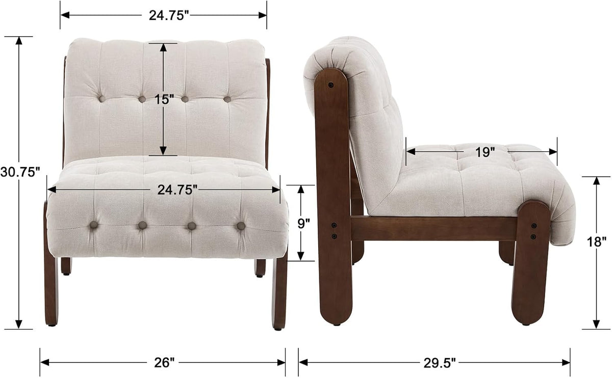 Modern Armless Accent Chair for Living Room, Soft Beige Linen Button Tufted Upholstered Lounge Reading Chair with Walnut Wood Frame