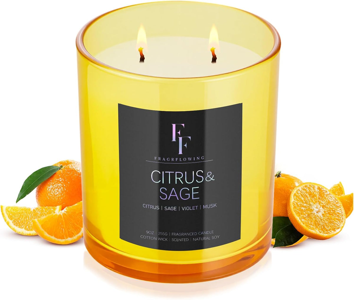 Citrus & Sage Scented Candle, 2-Wick Luxury Soy Wax Candle, 9 oz Aromatherapy Candle Home Fragrance Candles Gift