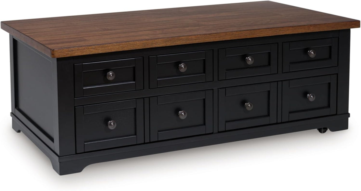 Signature Design by Ashley Wildenauer Farmhouse 2-Drawer Lift-Top Coffee Table with 2 Storage Bins Under Top and Casters, Light Brown & Black