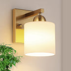Gold Milk Glass Wall Sconces, 1 Pack Hardwired Indoor Wall Light Fixtures for Living Room, Hallway, Bedroom, Ceramic E26 Sockets (Bulbs Not Included)