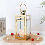 TRIROCKS Stainless Steel Decorative Lantern 12'' High Metal Candle Holder Outdoor Candle Lantern with Tempered Panels for Christmas Home Decor Living Room Parties Events Tabletop Indoor Outdoor (Gold)