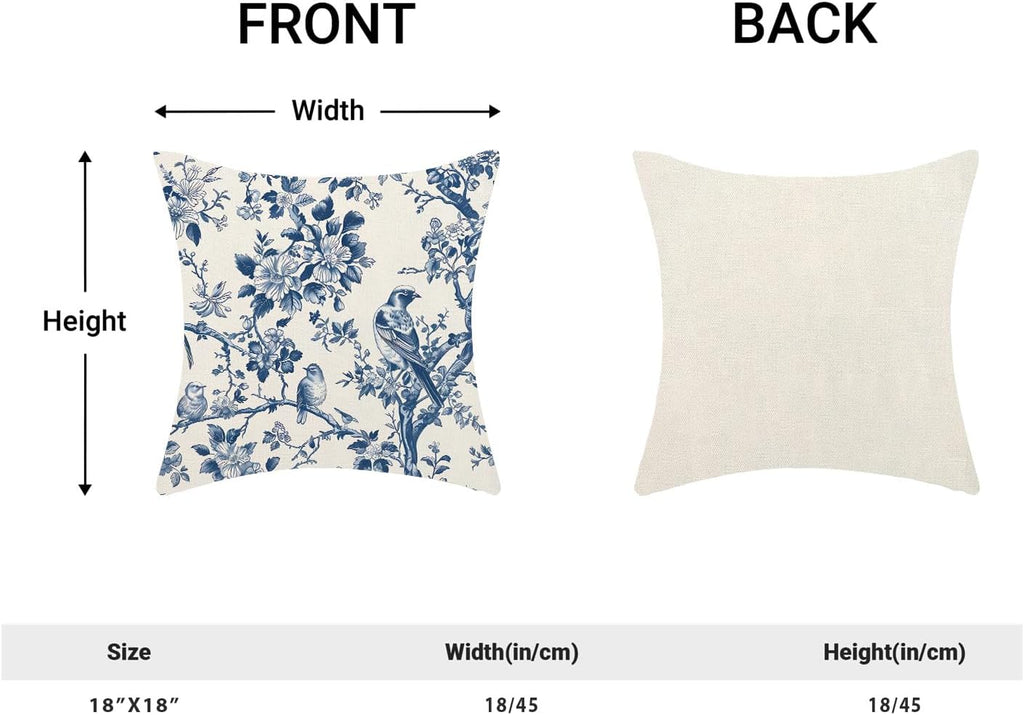 Navy Blue Spring Floral Pillow Covers 18 x 18 Inch Set of 2 for Vintage Chinoiserie Flowers Bird Decor Throw Pillows Plant Farmhouse Outdoor Decorative Cushion Cases for Couch Bed Decorations