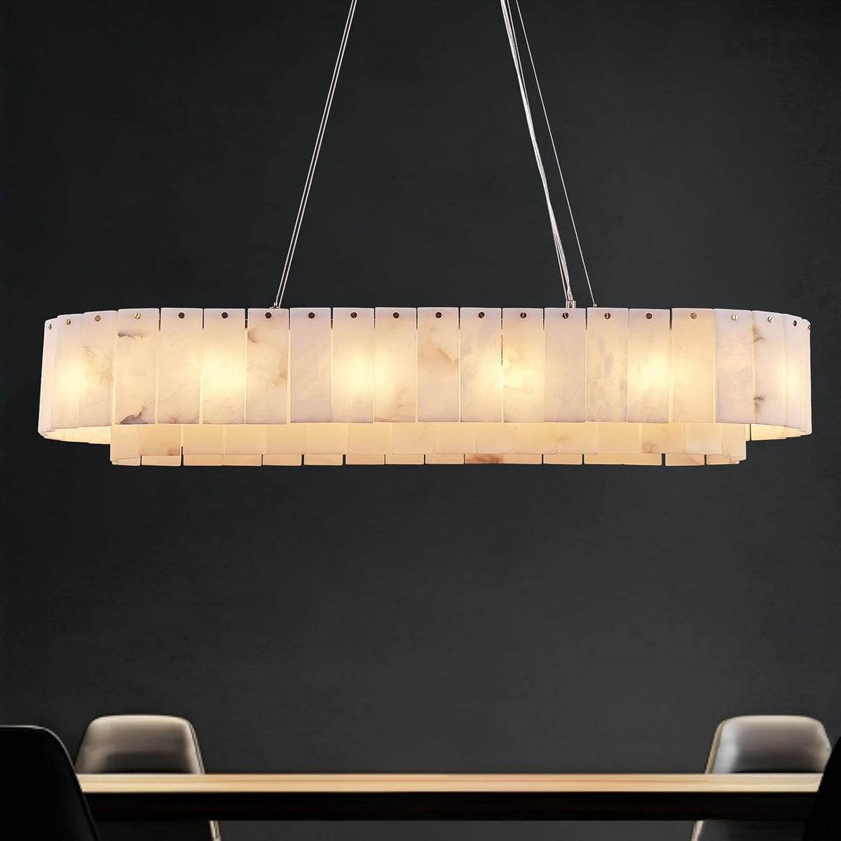 Alabaster Rectangular Chandelier for Dining Room, L39in Modern Chandeliers, Adjustable Marble Pendant Light Fixture, Rectangle Chandelier for Dining Table Living Room Kitchen Island (Bulbs INCL)