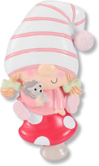 Ornaments by Elves - Personalized Baby Gnome Pink Christmas Ornaments 2024 Adorable Girl Gnome on Red Mushroom Great Addition to Christmas Decor Personalized Gifts in a Giftable Packaging
