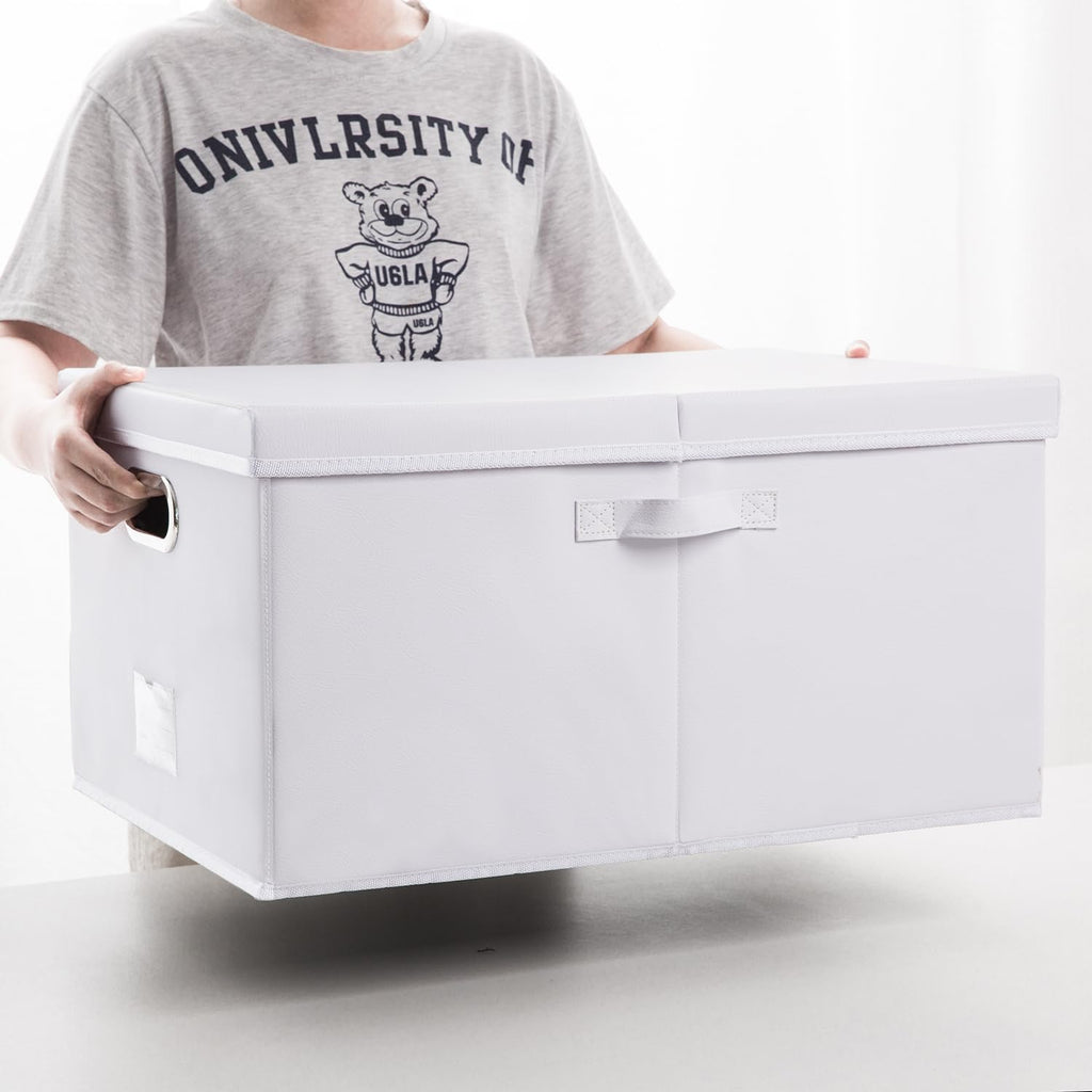 PRANDOM Collapsible Storage Box with Lid [1-Pack] Leather Fabric Foldable Storage Bin Organizer Container Basket Cube with Cover for Home Bedroom Closet Office Nursery White (22.8X15.7X11.8)