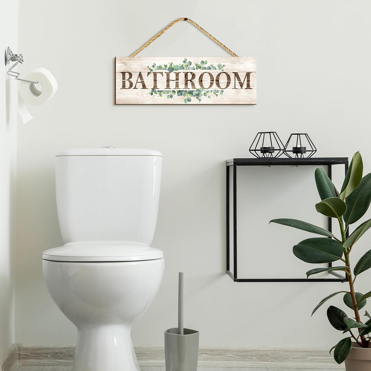 Bathroom Kitchen Laundry Pantry Sign Wall Decor 4 Piece, Wall Art with Plant Print, Rustic Farmhouse Wall Hanging Plaque Home Kitchen Decorative Bathroom, 4.7 x 13.7 inches