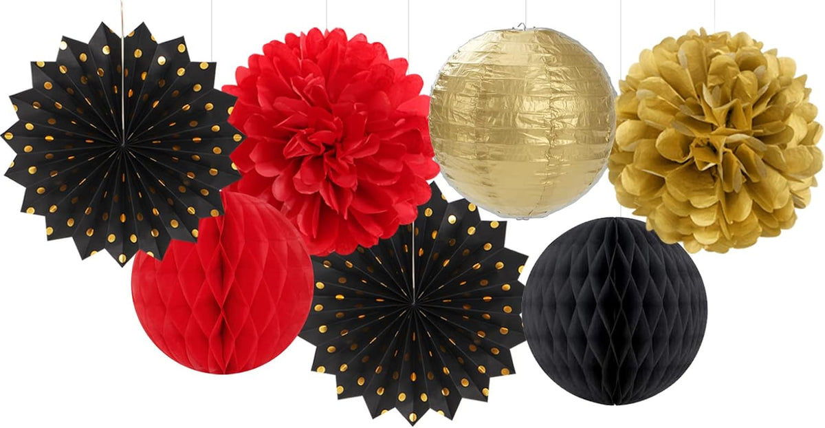 Red-Black Gold Party Decorations Streamers Lanterns - 14pcs Casino-Theme Graduation 2025 Paper Fan,Game Night Wedding Birthday Baby Bridal Shower Tissue Pom Poms,Honeycomb Balls Decor Ouruola