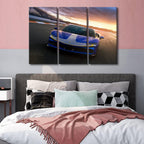 Blue Car on the Runway Canvas Wall Art Sports Car on the Track Wall Art for Living Room Sunset Pictures for Bedroom Modern Home Decor Office Bathroom Decoration Artwork Framed Ready to Hang 36"Wx24"H