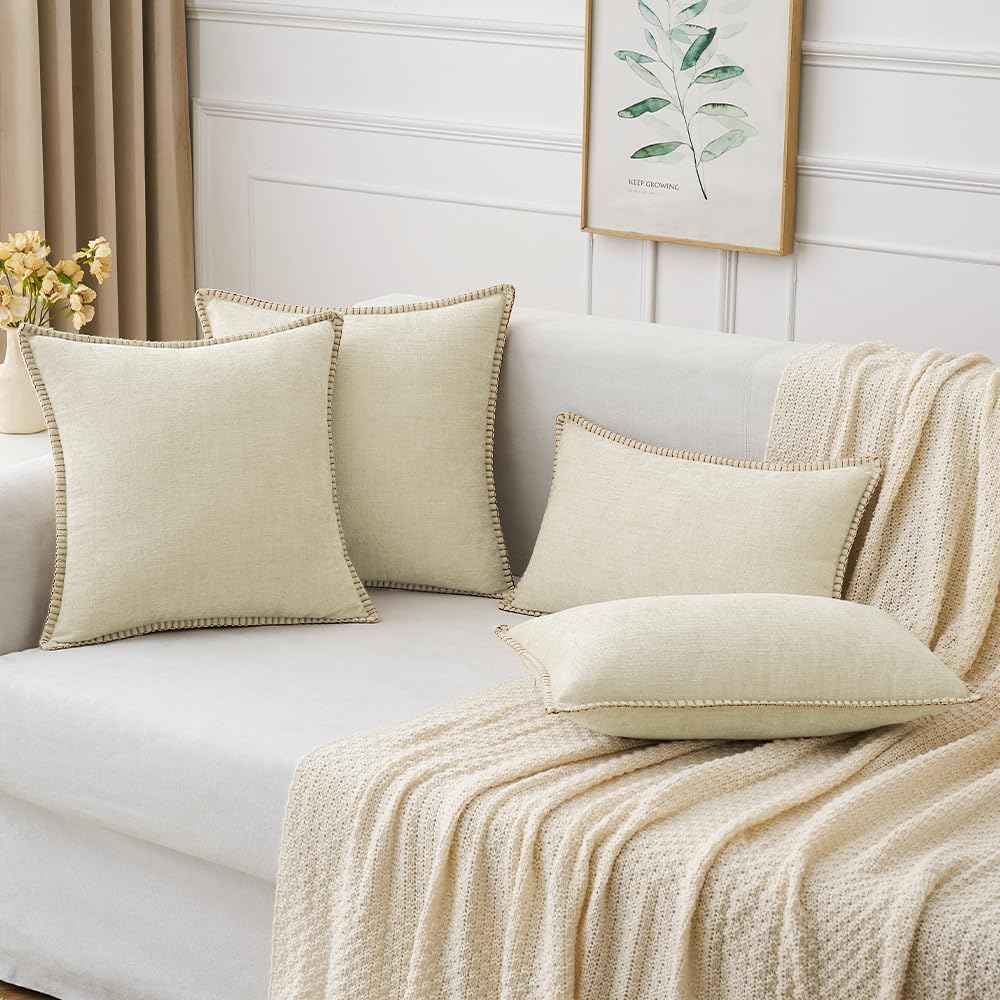 MIULEE Pack of 2 Christmas Pillow Covers 16x16 Inch Cream White Farmhouse Decorative Throw Pillow Covers with Stitched Edge Soft Chenille Solid Dyed Couch Pillow Covers for Sofa Bed Living Room
