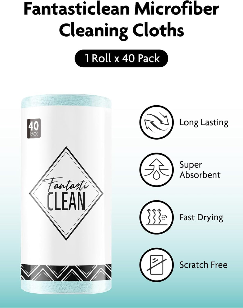 Fantasticlean Microfiber Cleaning Cloth Roll -40 Pack, Tear Away Microfiber Towels, 12" x 12", Reusable, Washable, Scratch Free, Ultra Absorbent Dish Rags for Car, Home, Garage or Shop (Blue)
