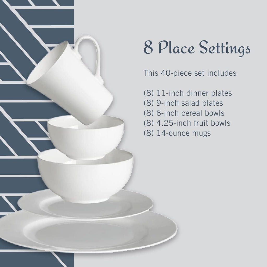 Mikasa Delray 40-Piece White Dinnerware Set, Service for 8, Durable Porcelain Plates, Bowls, and Mugs, Dishwasher and Microwave Safe