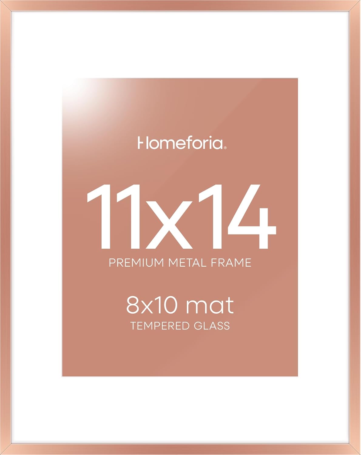 Homeforia 11x14 Picture Frame Rose Gold, High End Metal 11x14 Wall Hanging Frame with Mat 8x10, 11 x 14 Poster Frame Matted to 8 x 10 inch Photo, 11by14 Thin Frames, Tempered Glass, Wall Kit, Set of 1