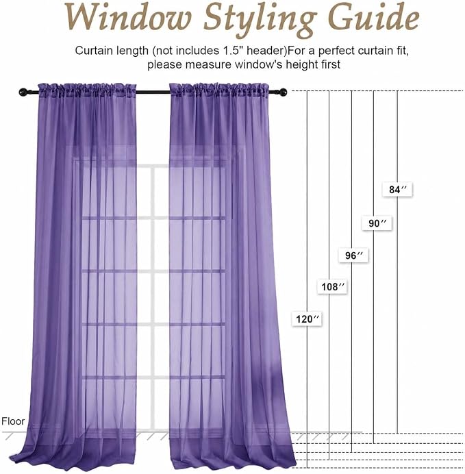 Purple Sheer Curtains 72 Inches Long 2 Panels Set, Light Filtering Sheer - Image 2