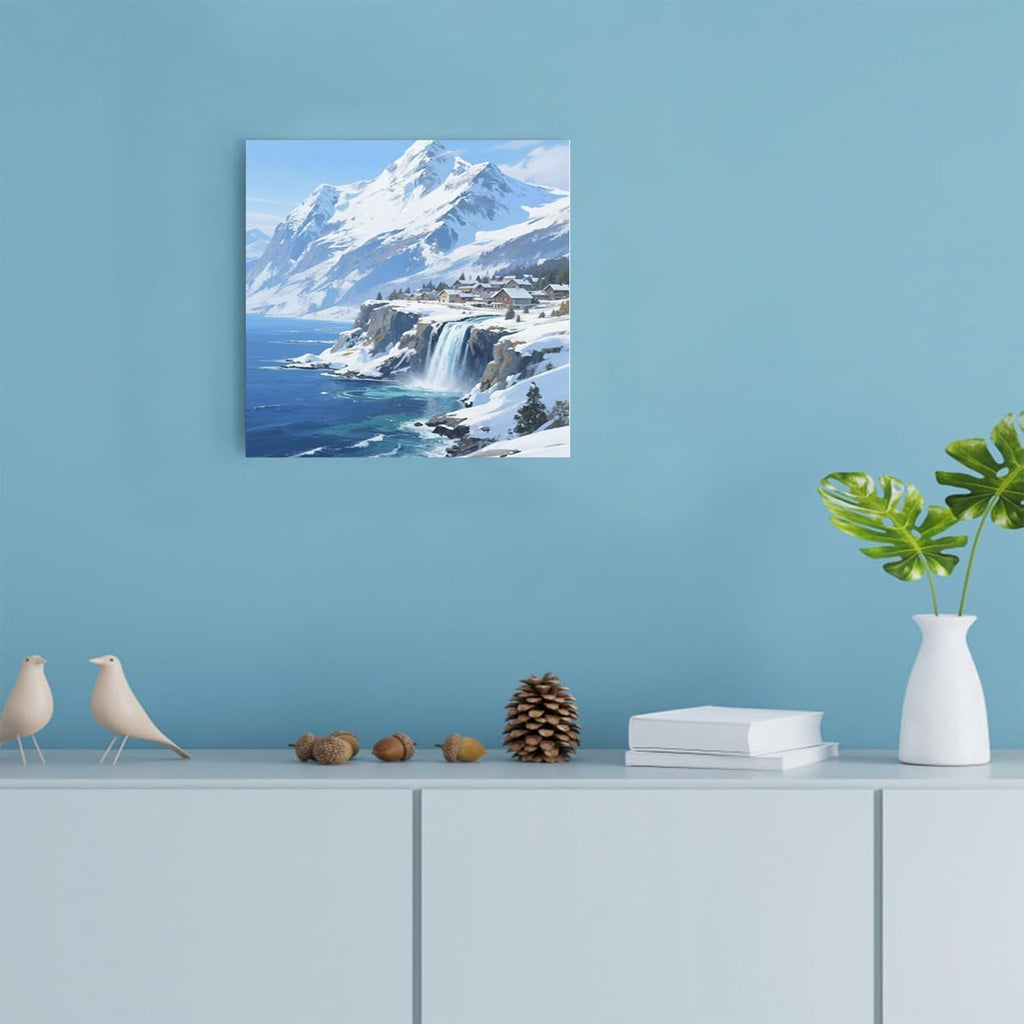 Winter lakeside town and snowy scenery merge together to form a landscape poster wall art suitable for living room bedroom and office