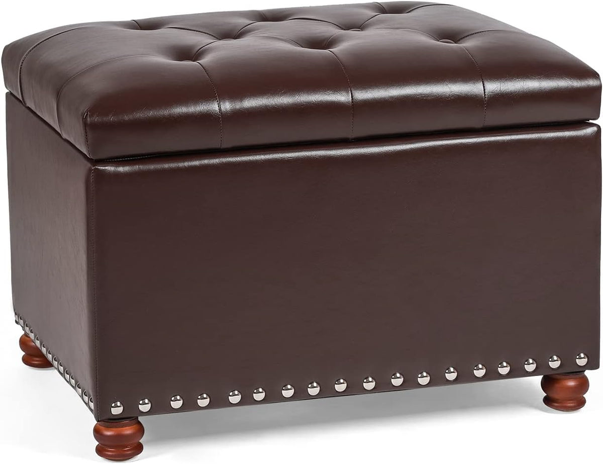 Leather Storage Ottoman Bench Foot Rest Stool with Nailhead Trim (Dark Brown - Button Tufted Leather)
