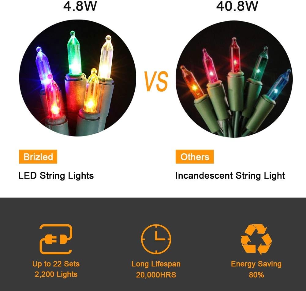 Brizled Christmas Lights Multicolor, 2 Pack 33ft 100 LED Christmas Tree Lights, 120V UL Certified Connectable Xmas String Light Indoor Outdoor Mini Light Set for Xmas Tree Party Garden Porch Decor