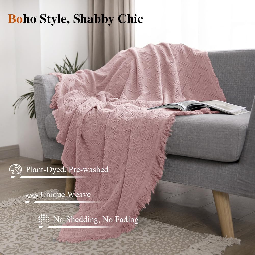 Simple&Opulence 100% Cotton Throw Blanket for Bed, Couch, Boho Luxury Geometric Knit Woven Blanket with Tassels Soft Lightweight Cozy Breathable, Vintage Farmhouse Decoration for All-Season(Pink)