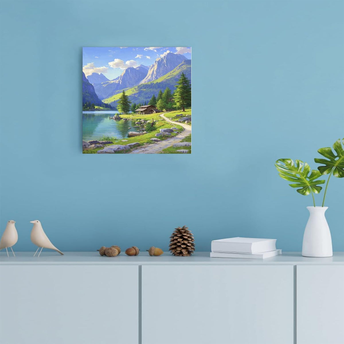 Landscape wall painting of mountain forest lakeside cabin under blue sky and white clouds natural oil painting poster suitable for living room bedroom office
